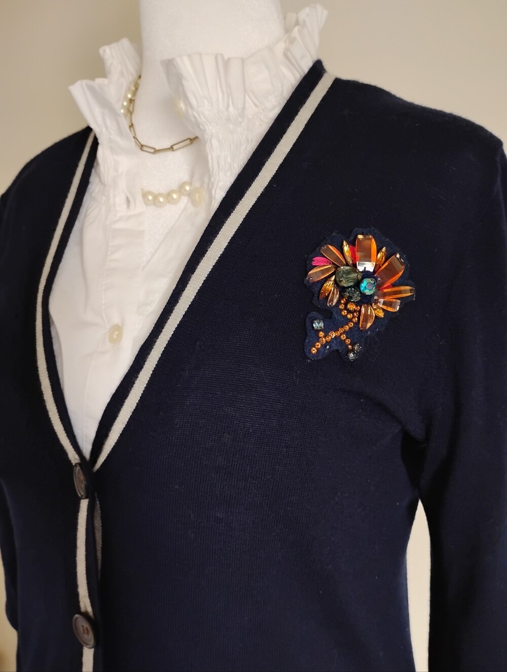 J. Crew Vintage 2016 Merino Wool Cardigan Sweater Navy Blue Sequins Flower Sz S